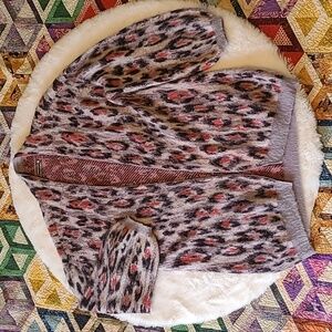 Anthropologie Zoey Pink Leopard Animal Print Fluffy Open Front Bubble Sleeve Car